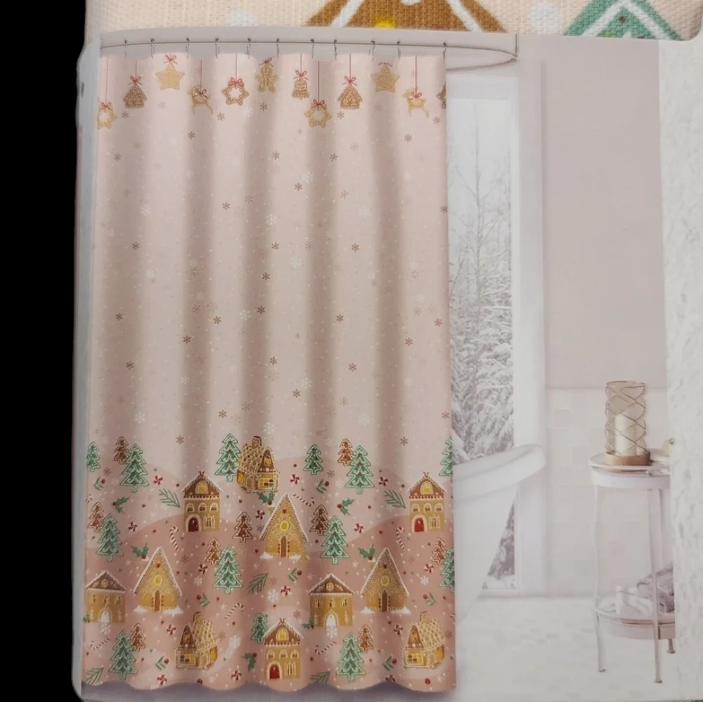 Pink Gingerbread House Christmas Village Fabric Shower Curtain Bathroom Decor